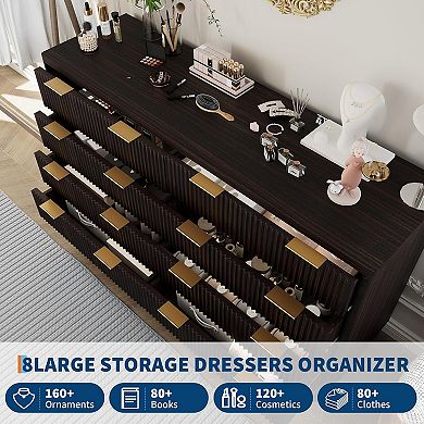 Modern Fluted Dresser with 8 Drawers and Faux Marble Top