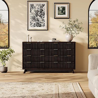 Modern Fluted Dresser with 8 Drawers and Faux Marble Top