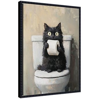 Sylvie Funny Black Cat Bathroom Art Framed Canvas by The Creative Bunch Studio