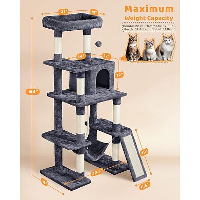 63in Multi-Level Cat Tree Sisal Posts Condo Hammock Ball Platform