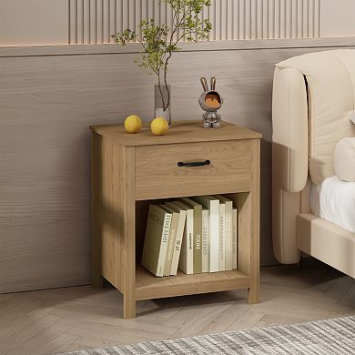 Wood Nightstand with Drawer and Open Shelf, Natural Brown, 22x18x26 Inches