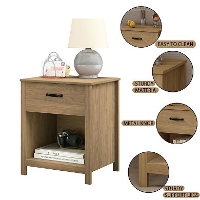 Wood Nightstand with Drawer and Open Shelf, Natural Brown, 22x18x26 Inches
