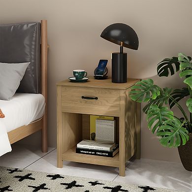 Wood Nightstand with Drawer and Open Shelf, Natural Brown, 22x18x26 Inches