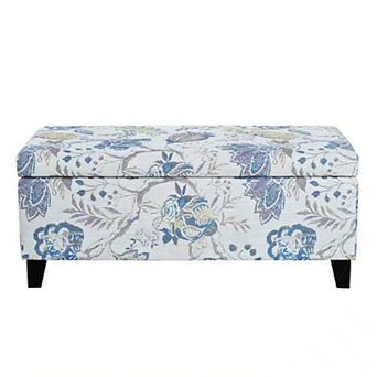 Luxury Storage Ottoman with Floral Patterned Fabric, 39x19x16.5 in Blue Flower