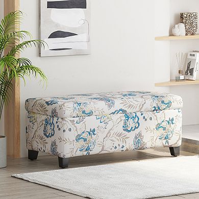 Luxury Storage Ottoman with Floral Patterned Fabric, 39x19x16.5in, Blue Flower