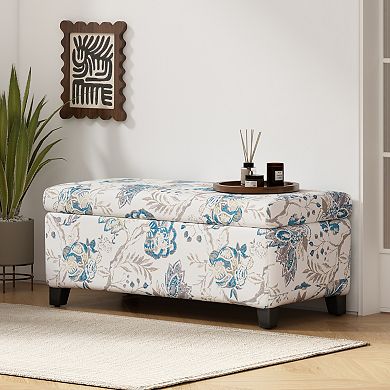 Luxury Storage Ottoman with Floral Patterned Fabric, 39x19x16.5in, Blue Flower