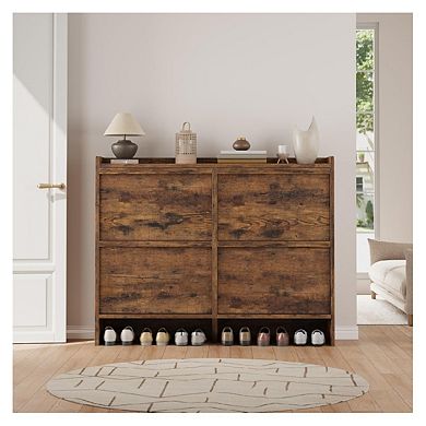 Wooden Shoe Cabinet with 4 Flip Drawers and Adjustable Shelves
