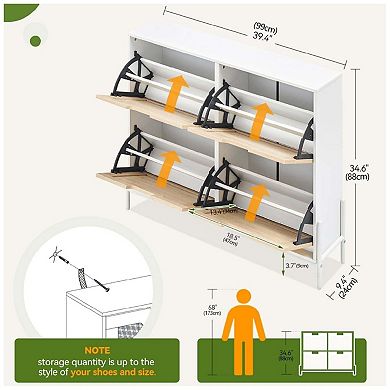 Rattan Shoe Cabinet Organizer with 4 Flip Doors and Shelves