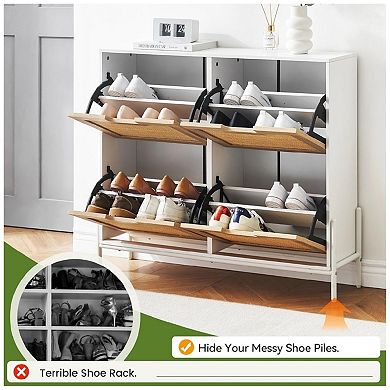 Rattan Shoe Cabinet Organizer with 4 Flip Doors and Shelves