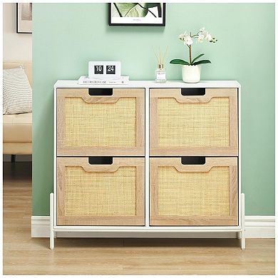Rattan Shoe Cabinet Organizer with 4 Flip Doors and Shelves