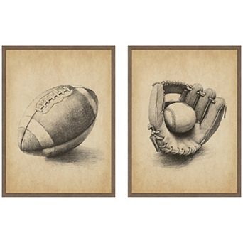 Vintage Football & Baseball 2 pc Framed Canvas Wall Art Set by The Creative Bunch Studio
