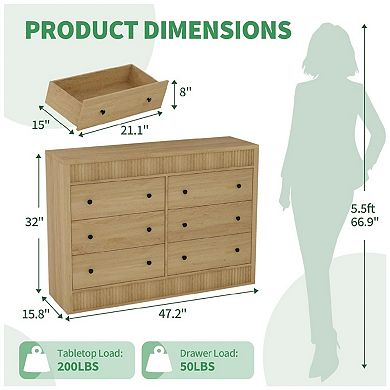 Modern Fluted 6 Drawer Dresser Wooden Storage Chest