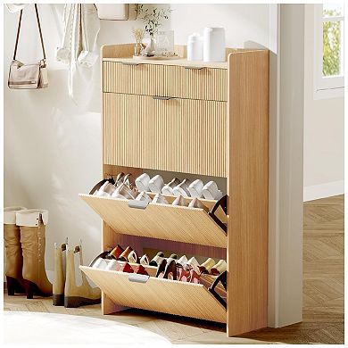 Wave Design Fluted Shoe Cabinet with Flip Drawers and Storage Drawer