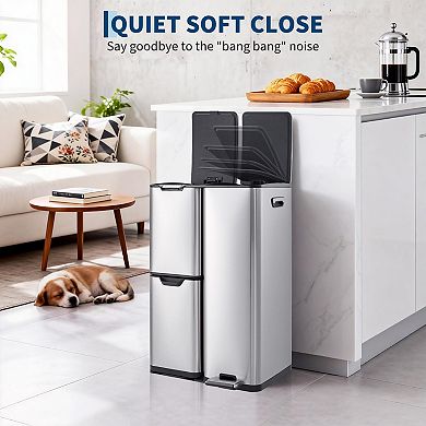 16 Gal Kitchen Trash Can with Lid, Triple Compartment Stainless Steel Garbage Can with Foot Pedal