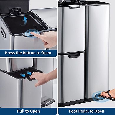 16 Gal Kitchen Trash Can with Lid, Triple Compartment Stainless Steel Garbage Can with Foot Pedal