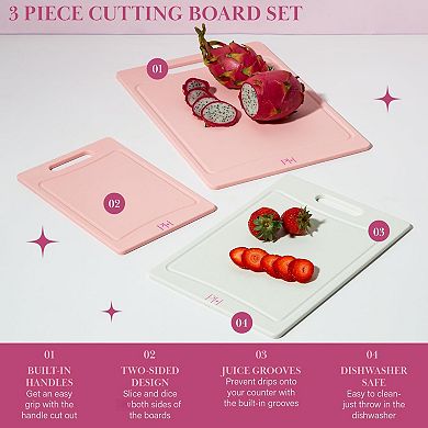 3-piece Dual-Sided Cutting Boards with Juice Grooves Easy-Grip Handles BPA-Free Dishwasher Safe