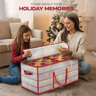 128 Ornament Storage Box Adjustable Dividers Stackable Dual Zipper Red