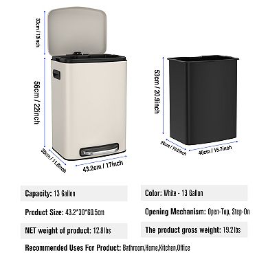 50L Kitchen Foot Pedal Operated Soft Close Trash Can, Stainless Steel Rectangular Bustbin, White