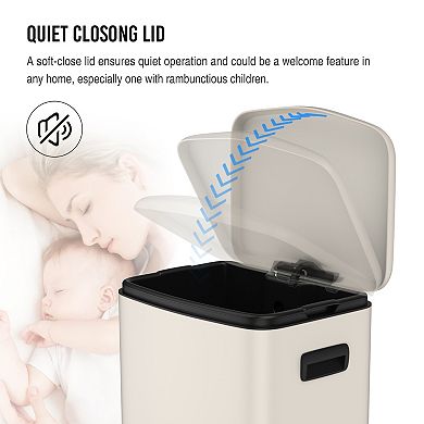 50L Kitchen Foot Pedal Operated Soft Close Trash Can, Stainless Steel Rectangular Bustbin, White