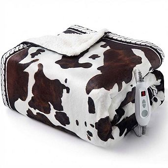 ANIXOL Heated Blanket with Cow Print, Dual Controllers and 10 Heat Settings