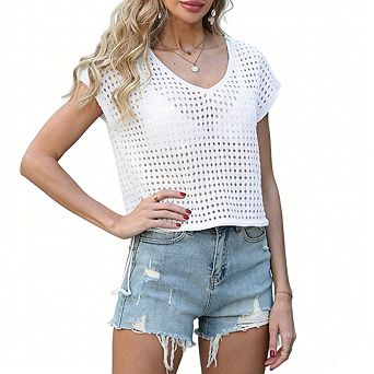 Women's Crochet Swimsuit Cover Up V Neck Short Sleeve Mesh Hollow Out Loose Crop Summer Beach Top