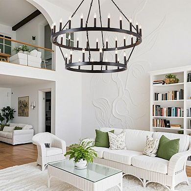 Large 2-Tier Wagon Wheel Chandelier Industrial Black Farmhouse