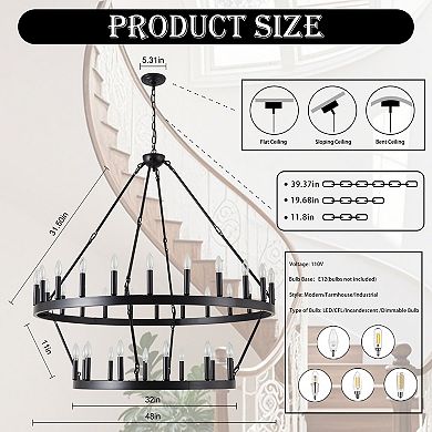Large 2-Tier Wagon Wheel Chandelier Industrial Black Farmhouse