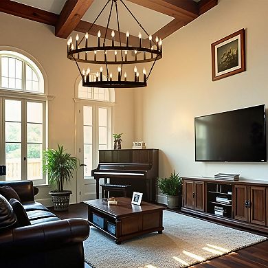 Large 2-Tier Wagon Wheel Chandelier Industrial Black Farmhouse