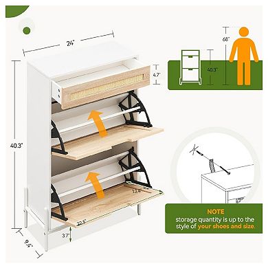 Slim Rattan Shoe Storage Cabinet with 3 Flip Compartments and Drawer