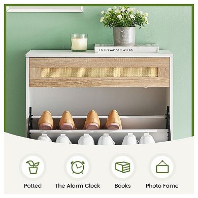 Slim Rattan Shoe Storage Cabinet with 3 Flip Compartments and Drawer