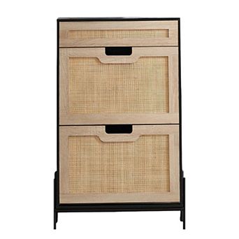 Slim Rattan Shoe Storage Cabinet with 3 Flip Compartments and Drawer