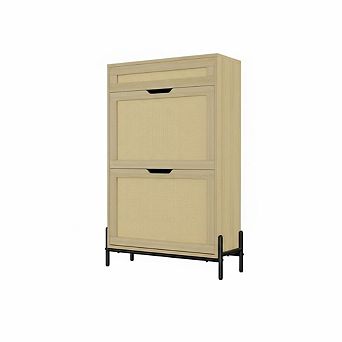 Slim Rattan Shoe Storage Cabinet with 3 Flip Compartments and Drawer
