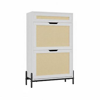 Slim Rattan Shoe Storage Cabinet with 3 Flip Compartments and Drawer