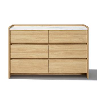 LuxenHome 47.2” Hazel Oak 6-Drawer Dresser with Raised Sides, Faux Marble Top, Manufactured Wood