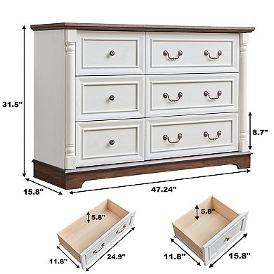 Farmhouse 6-Drawer Bathroom Storage Dresser, Rustic Wooden Chest with Base