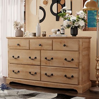 54" Rustic 7-Drawer Dresser for Bedroom, Farmhouse Wood Chest of Drawers with Metal Handles