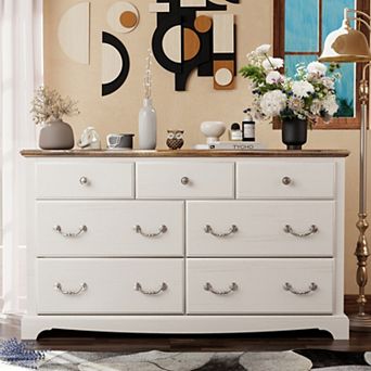 54" Rustic 7-Drawer Dresser for Bedroom, Farmhouse Wood Chest of Drawers with Metal Handles