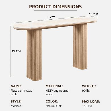 63" Long Console Table, Modern Fluted Sofa Table for Entryway, Hallway, Living Room Behind Couch