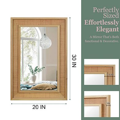 20x30 Rattan Rectangle Solid Wood Frame Decorative Mirror, Natural Wood Color