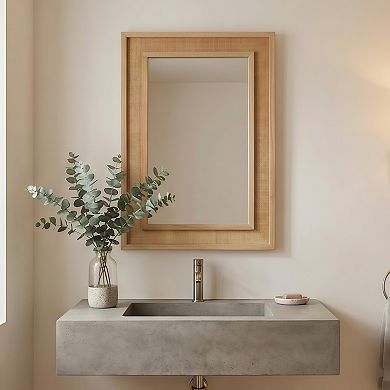 20x30 Rattan Rectangle Solid Wood Frame Decorative Mirror, Natural Wood Color