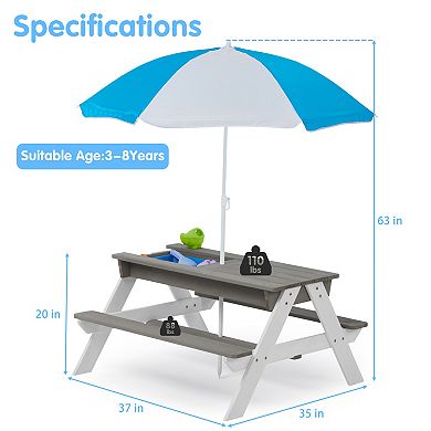 3-in-1 Kids Picnic Table with Umbrella, Outdoor Sand & Water Activity Table Children Play Table