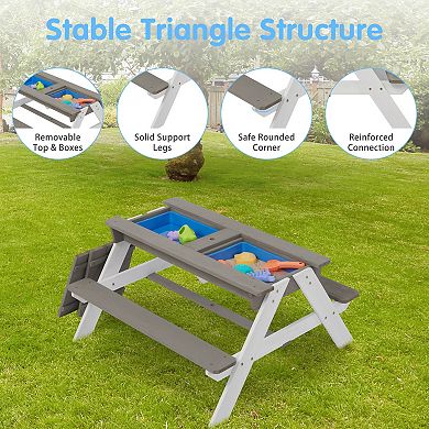 3-in-1 Kids Picnic Table with Umbrella, Outdoor Sand & Water Activity Table Children Play Table