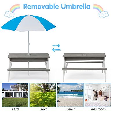 3-in-1 Kids Picnic Table with Umbrella, Outdoor Sand & Water Activity Table Children Play Table
