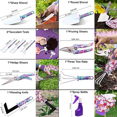 10pc Floral Garden Tool Set Trowel Rake Weeder Pruner Shears Spray Case Gift