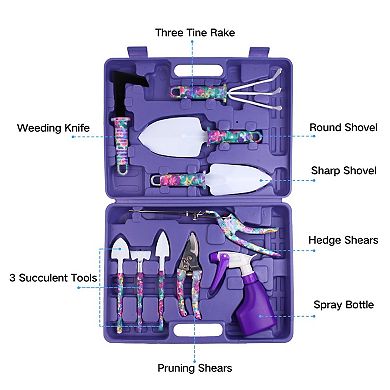 10pc Floral Garden Tool Set Trowel Rake Weeder Pruner Shears Spray Case Gift