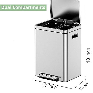 Dual Rectangular Stainless Steel Trash Can with Metal Lid and Step Pedal