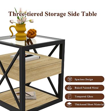 3-Tier Storage Side Table End Table with Drawer, Small Space Sofa Side Table with Tempered Glass Top