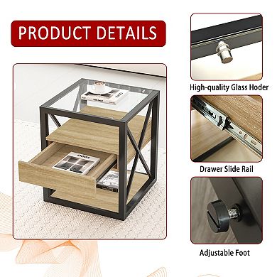 3-Tier Storage Side Table End Table with Drawer, Small Space Sofa Side Table with Tempered Glass Top