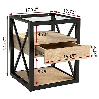 3-Tier Storage Side Table End Table with Drawer, Small Space Sofa Side Table with Tempered Glass Top