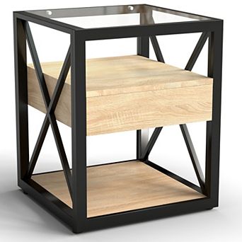 3 tier Storage Side Table End Table with Drawer, Small Space Sofa Side Table with Tempered Glass Top